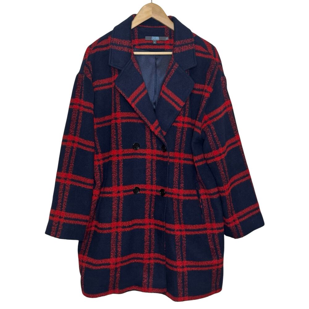 Eva Franco Women's XL Wool Blend Navy Red Plaid Double Breasted Coat
